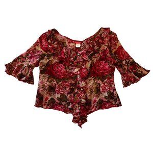 Floral Ruffled Blouse Size Large Flutter ended Sleeves Tomato Red